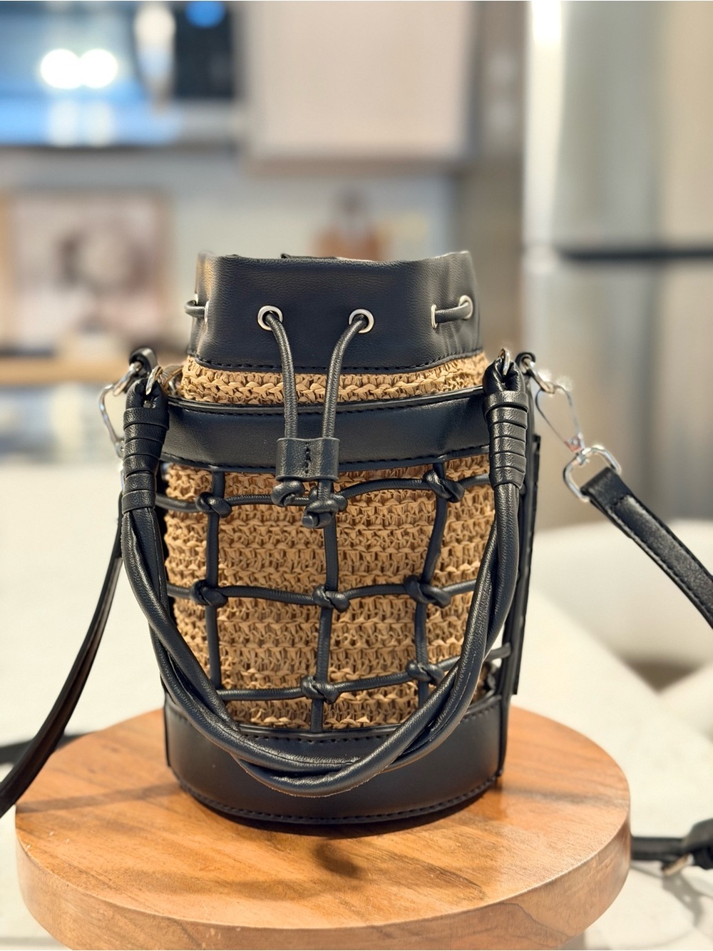 Steve Madden Black & Tan Woven Bucket Crossbody